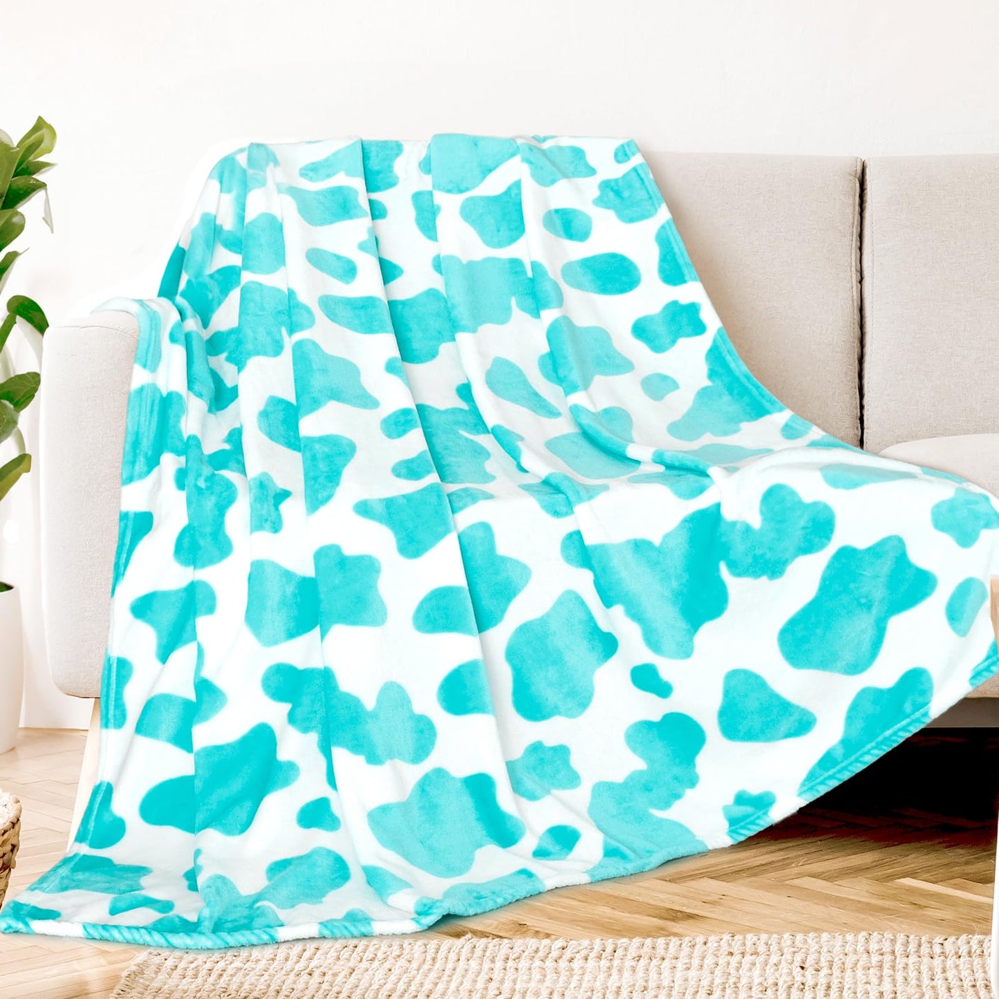KIVEE Blue Throw Blanket Kids Cow Print Throw Blanket Soft Blankets for Couch