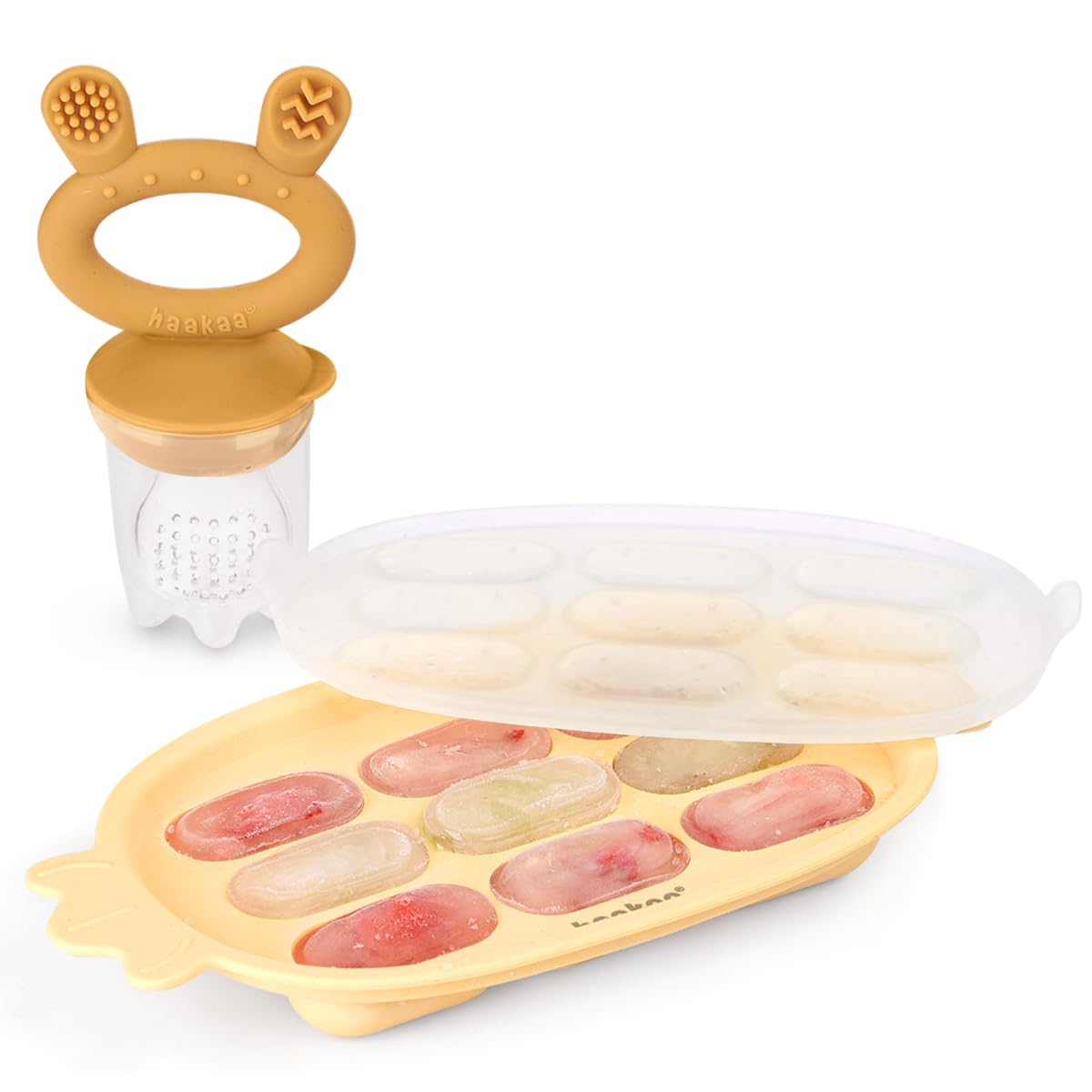 Haakaa Baby Fruit Food Feeder & Silicone Nibble Tray Combo - Breastmilk Popsicle Mold for Baby Cooling Relief BPA Free Baby Mesh Feeder for Infant Self Feeding