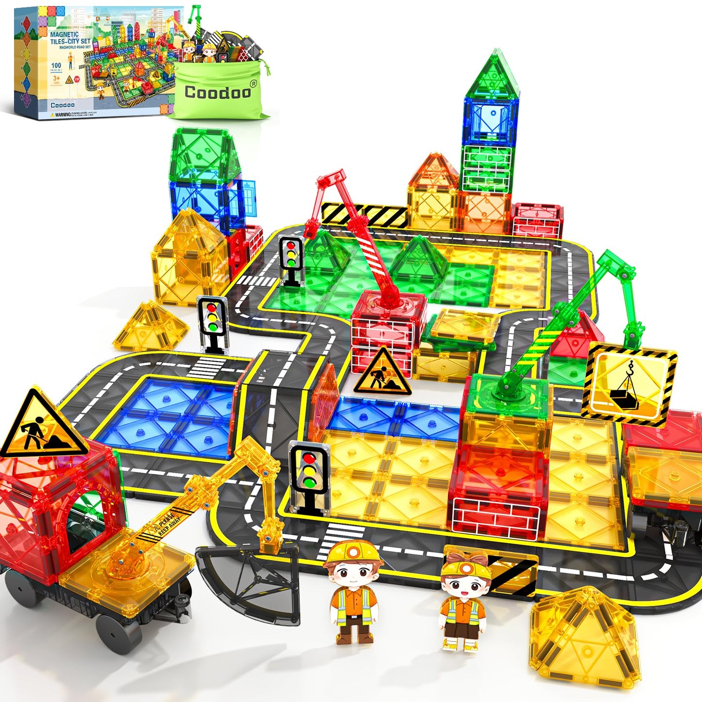 Magnetic Tiles Road & Construction Set (100 PCS)
