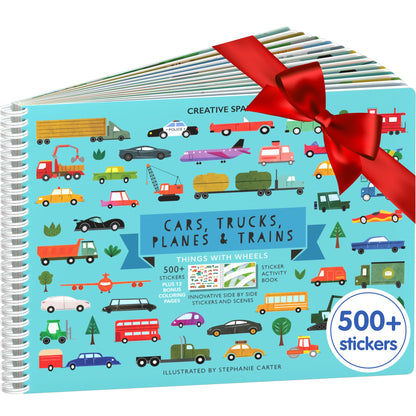 Sticker Book for Kids 2-4 500+ Kids Stickers - Cars Trucks Planes & Trains 12 Coloring Pages 12 Side by Side Scenes - Fun Toddler Travel Activity Coloring and Sticker Books for Kids Ages 4-8 + 8-10