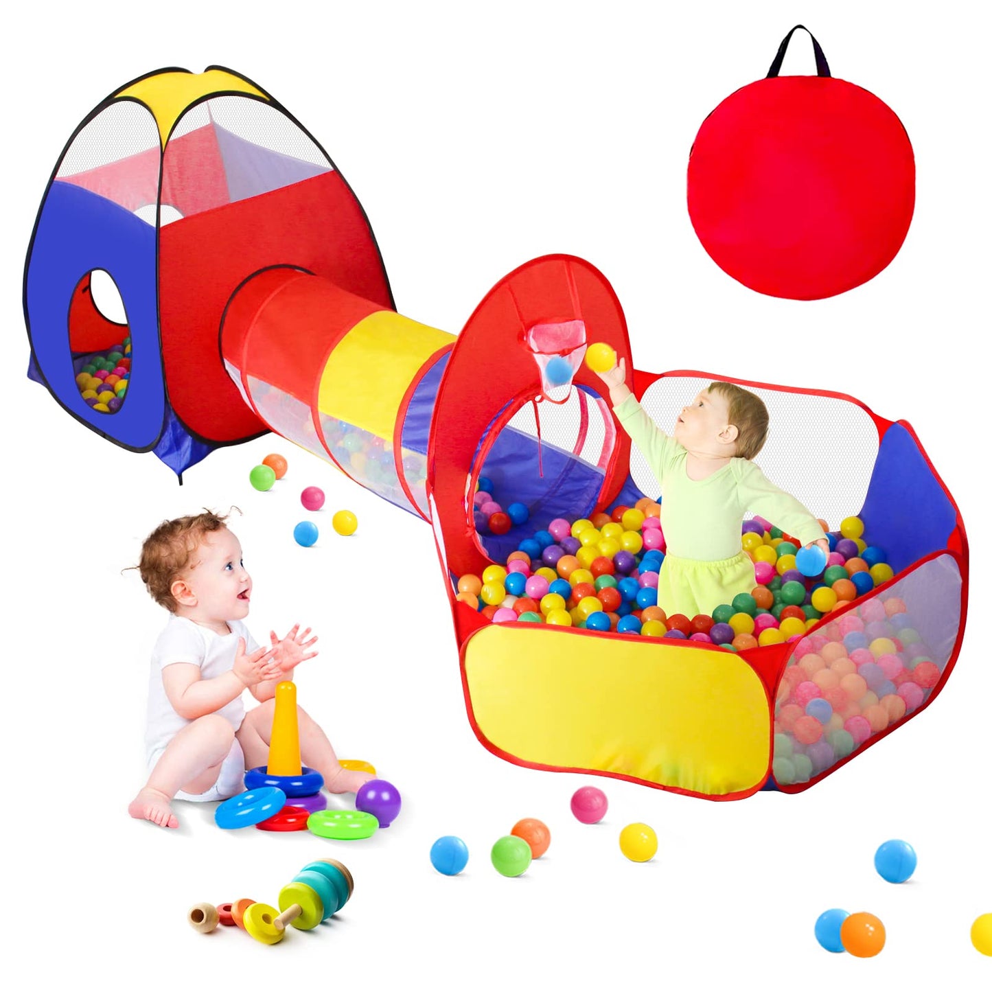 GeerWest 3 in 1 Kids Play Tent for Toddler with Baby Ball Pit and Play Tunnel Children Indoor Outdoor Playhouse with Climbing Tunnel Toy for Toddlers Boys and Girls Best Birthday Gifts
