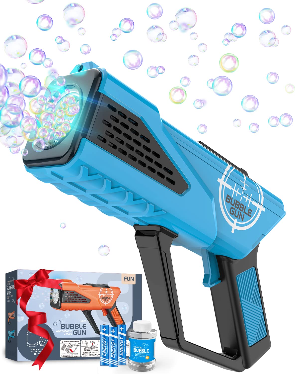 Boerfmo Bubble Gun - Rechargeable Bubble Machine for Kids - Bubbles Blaster with 10-Hole Wands & LED Light Include Bubble Solution - Boys Gifts Toys for Ages 3+ Year Old Outdoor/Birthday/Party Use