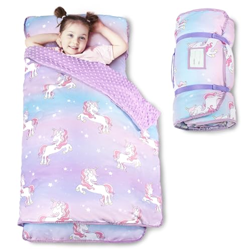 Beavtaens Nap Mat Toddler Nap Mat with Removable Cover 55"x22" Kids Sleeping Mat for Travel Thick Kids Nap Mat with Soft Minky Dots Name Tag Included for Preschool (Unicorn)