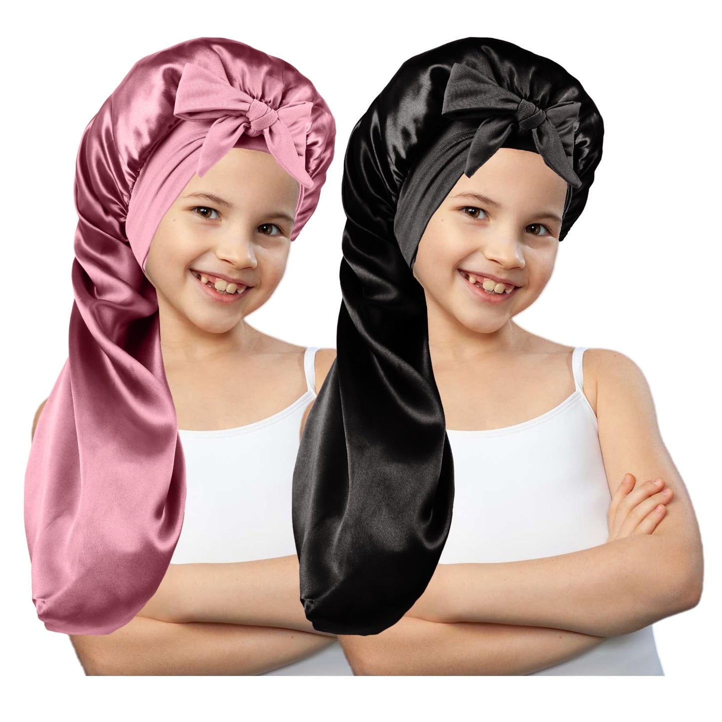 2 Pcs Long Kids Bonnets for GirlsSilky Satin Bonnet for Sleeping Kids Bonnet for Kids BraidsLong Hair