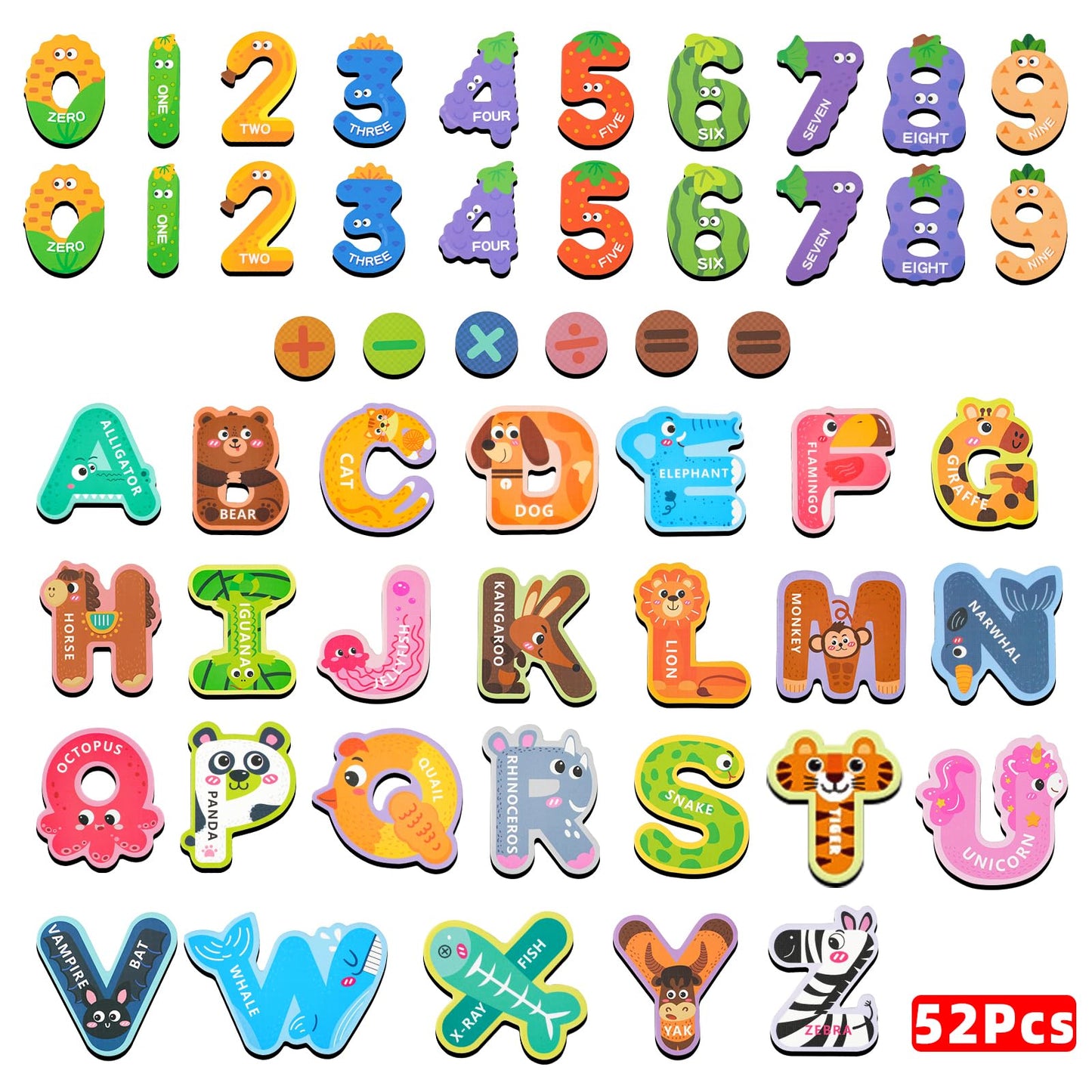 Cocurb 52 Pack Magnetic Letters Numbers Fridge Magnets for Toddlers 1 to 3 Learning Toys Animal ABC Cardboard Magnets for Refrigerator Colourful Alphabet Toys Baby Educational Toys
