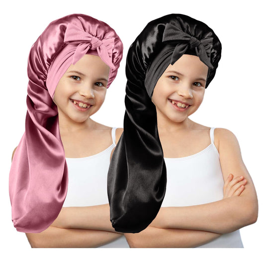 2 Pcs Long Kids Bonnets for GirlsSilky Satin Bonnet for Sleeping Kids Bonnet for Kids BraidsLong Hair