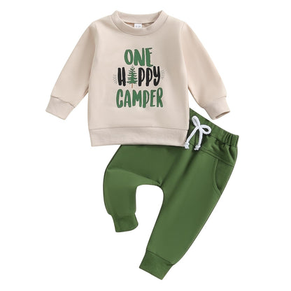 Frietlebird Half Birthday Outfit Baby Boy 1st Birthday Outfit Boy Long Sleeve One Happy Camper Sweatshirt Pants Wild One Birthday Outfit (L-Khaki6-12 Months)