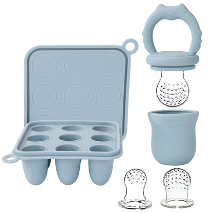 Socub Silicone Baby Fruit Food Feeder & Baby Food Freezer Tray Set Breastmilk Popsicle Molds for Baby Teething Relief Baby Food Pacifier Feeder for Self Feeding Include 3 Sizes Food Pouch(Ether)